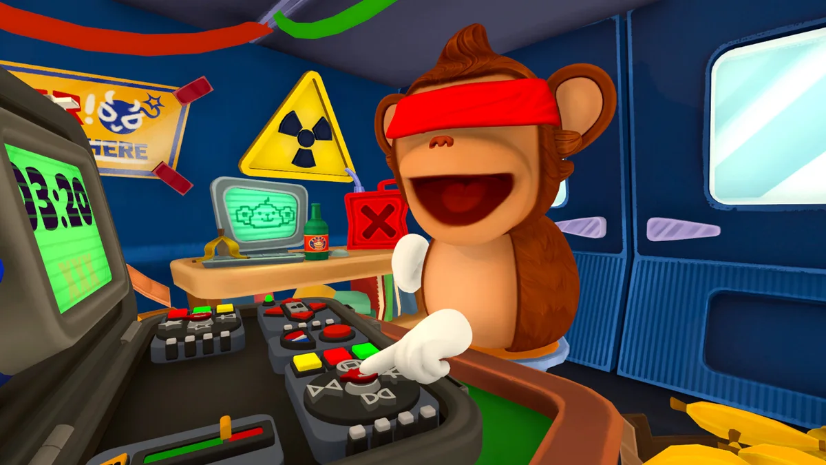 Blind Monkey reaching toward the bomb while teammates share partial information